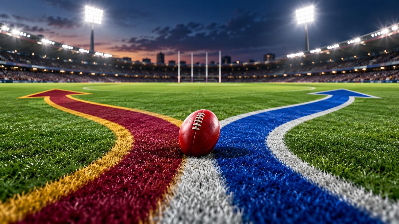 AI-generated conceptual Australian rules football field with a ball and two diverging colour paths; no real match, player or club logo