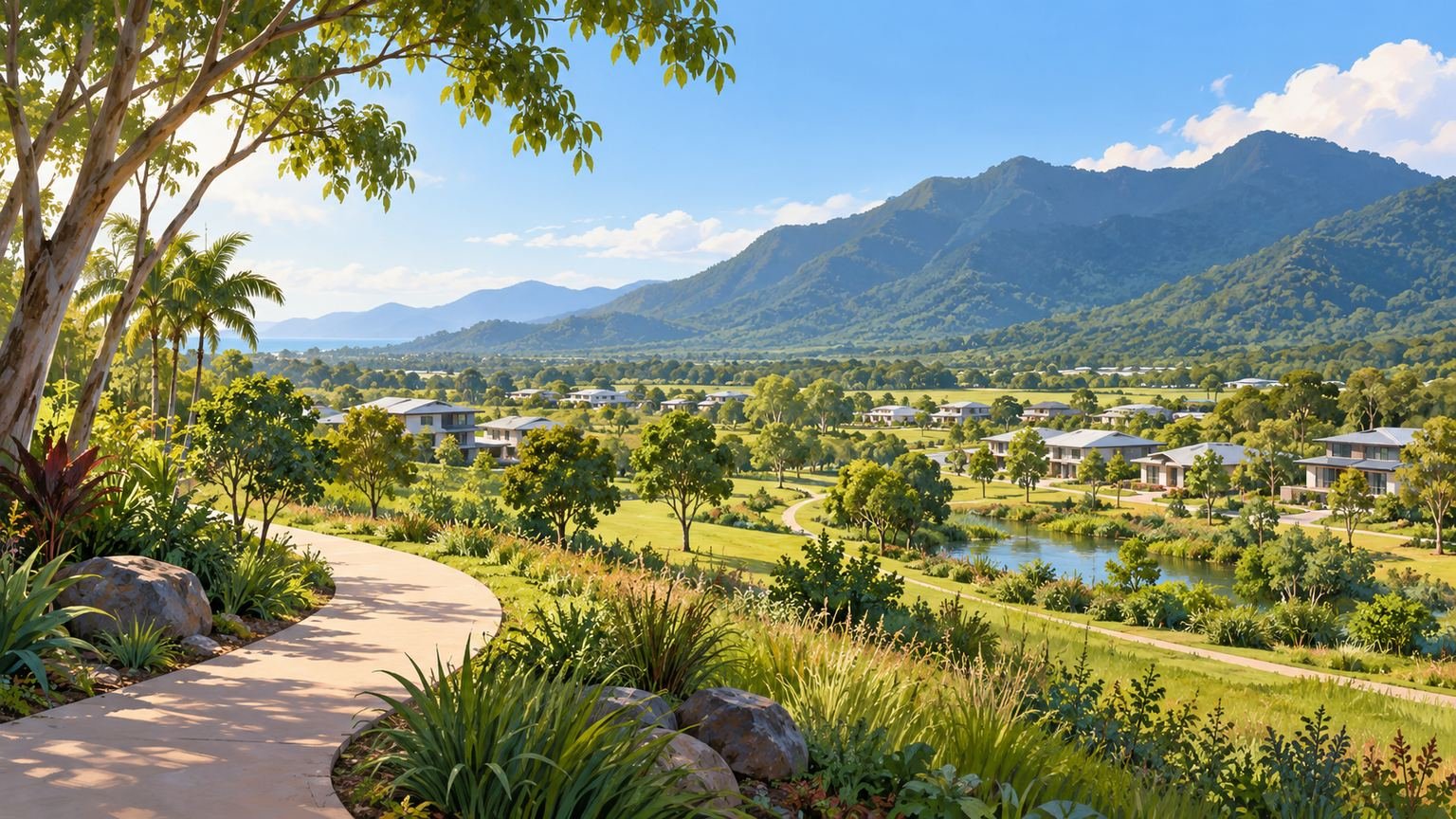 AI-generated conceptual editorial illustration of a fictional tropical housing landscape; not the Mount Peter site or an approved design