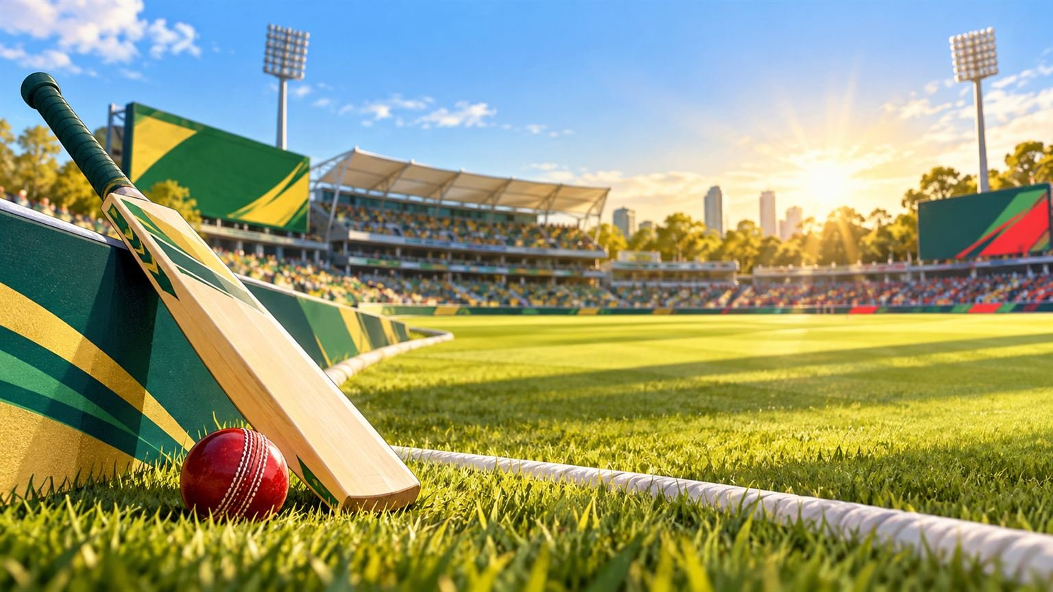 AI-generated editorial illustration of a cricket bat and red ball beside a generic ground; not a photograph of the Australia–Bangladesh ODI.