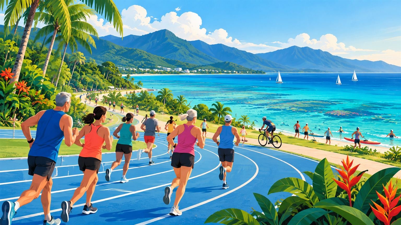 AI-generated conceptual illustration of adult athletes running beside a tropical coast; not the actual Great Barrier Reef Masters Games