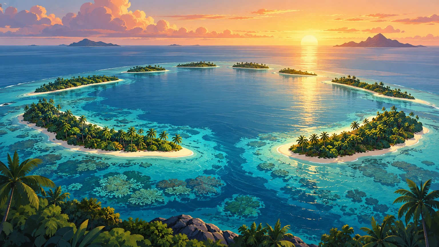 AI-generated conceptual illustration of low-lying Pacific islands and coral-blue ocean at sunrise