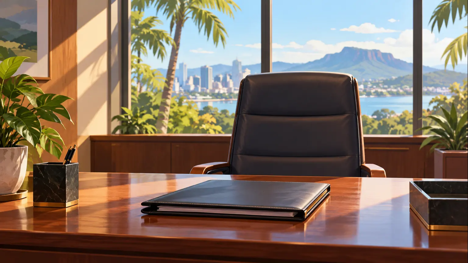 AI-generated conceptual illustration of an empty office chair and closed folder; not a photograph of Amanda Camm or an official office