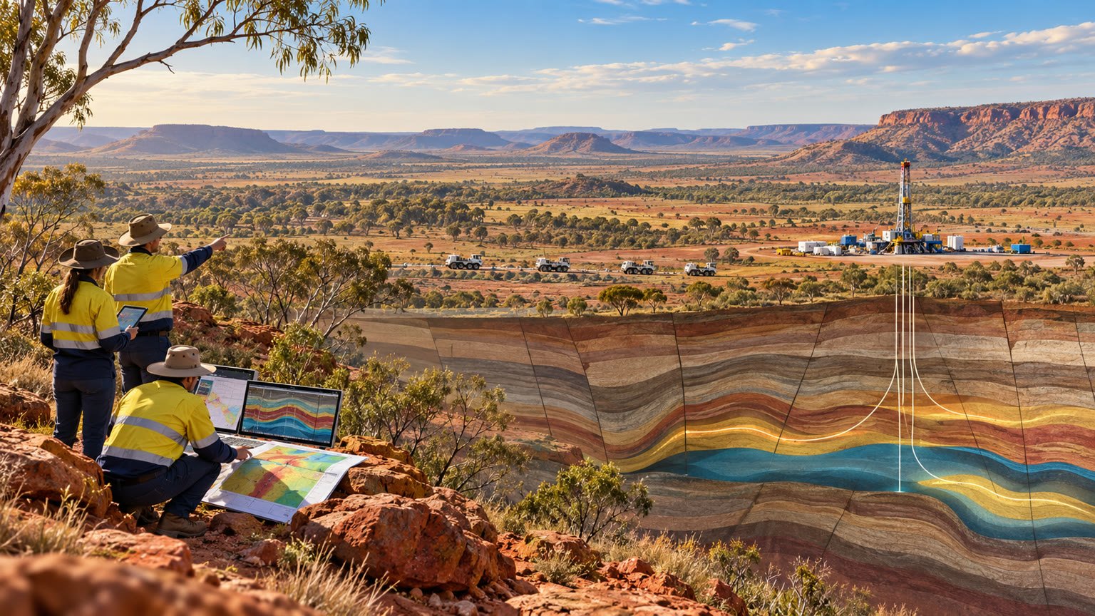 AI-generated editorial illustration of fictional geoscientists conducting petroleum and gas exploration surveys in regional Queensland