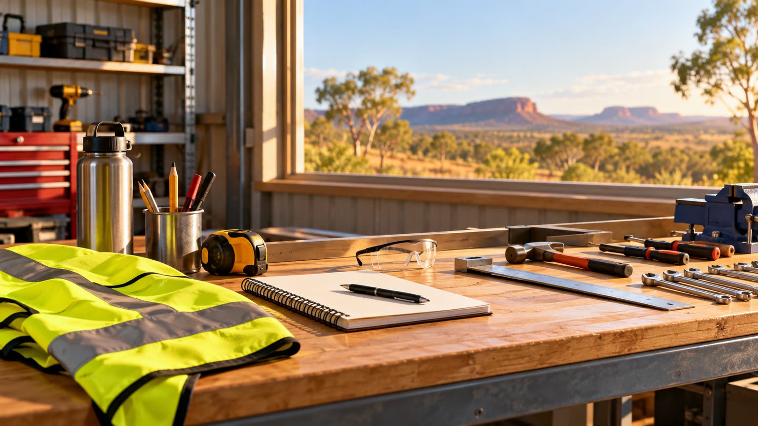 AI-generated generic illustration of a vocational training workbench in regional Queensland; not a real grant project.