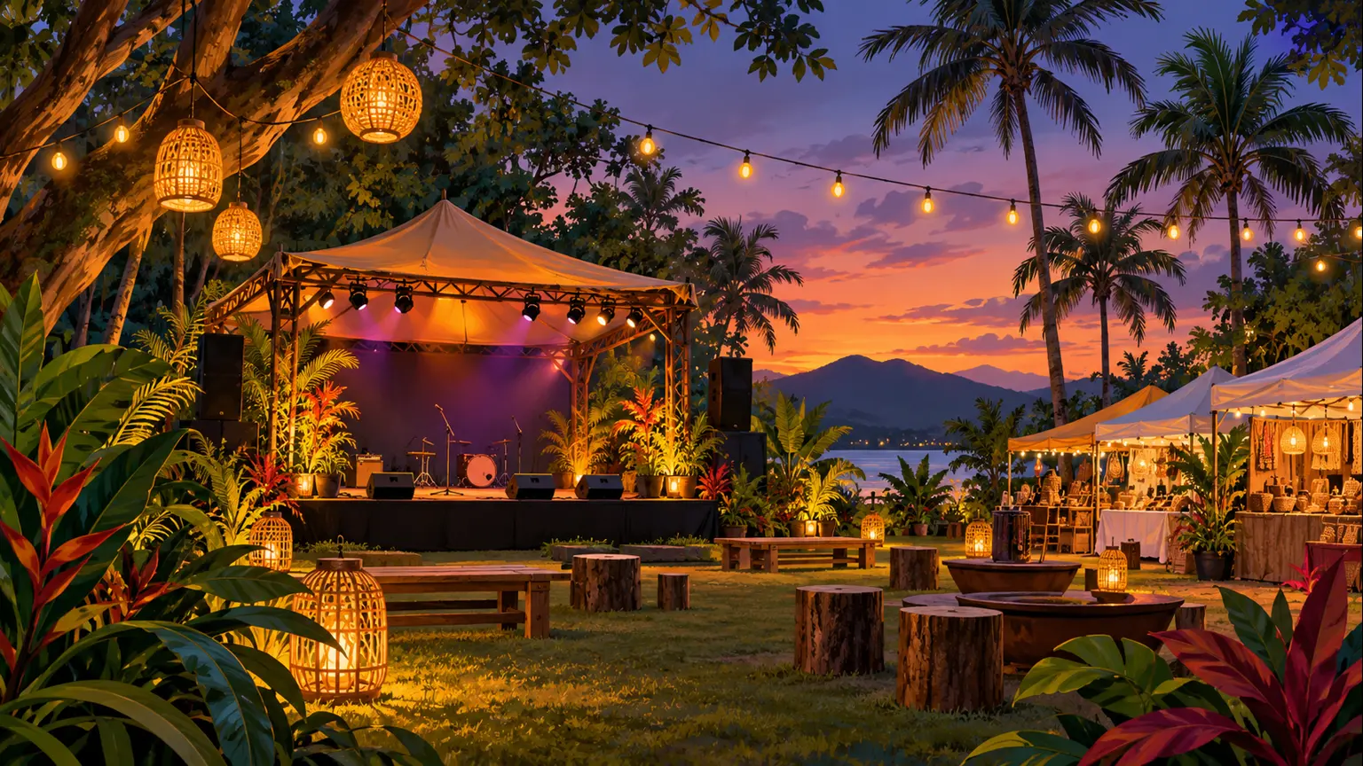 AI-generated conceptual illustration of an empty tropical outdoor performance stage and market area at dusk; not the actual Big Talk One Fire festival or venue