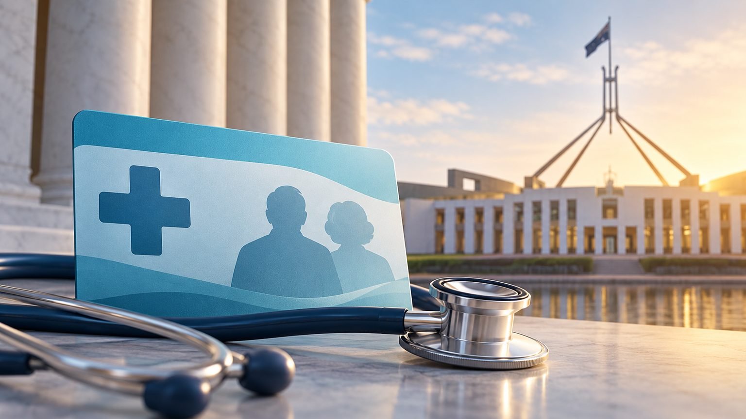 AI-generated symbolic editorial illustration of a generic health insurance card and stethoscope near abstract parliamentary architecture; not an actual document or event